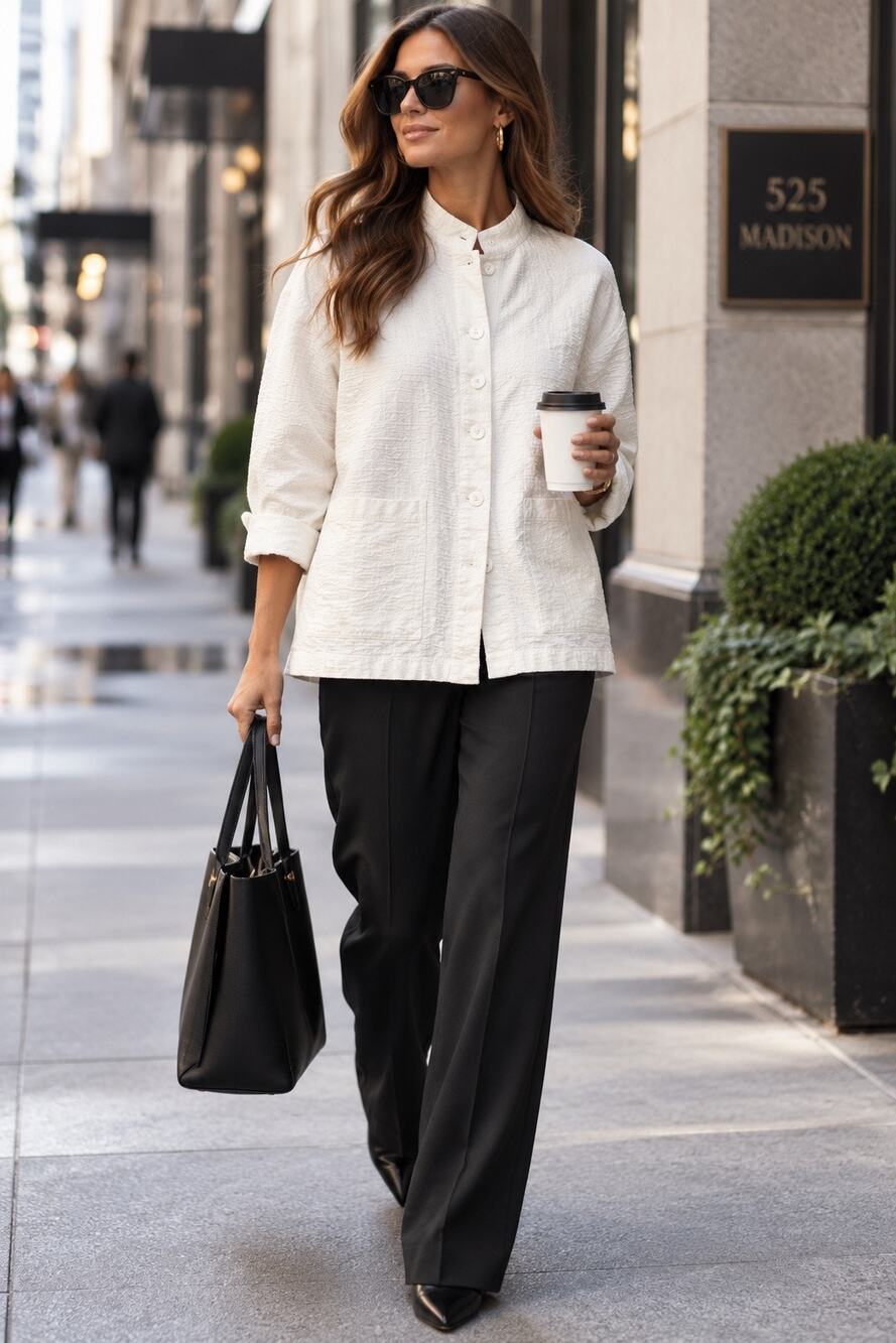 Eileen Fisher Mandarin Collar Textured White Organic Cotton Shirt Jacket Size 1X